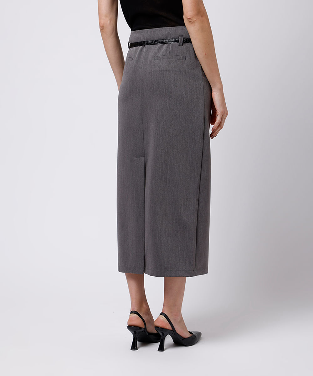 saia midi feminina de alfaiataria com cinto mindset cinza
