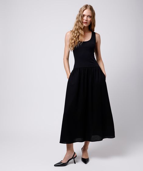 vestido midi com linho mindset preto