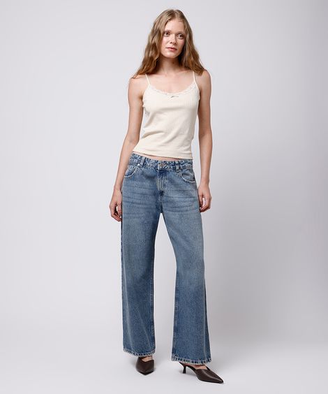 calça reta feminina jeans cintura baixa mindset azul
