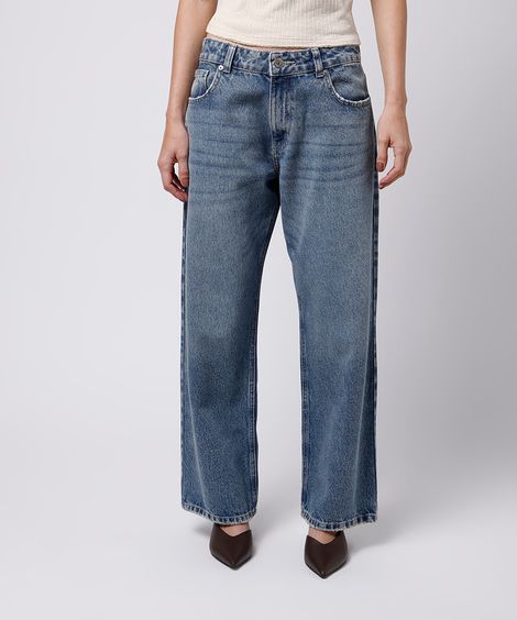 calça reta feminina jeans cintura baixa mindset azul
