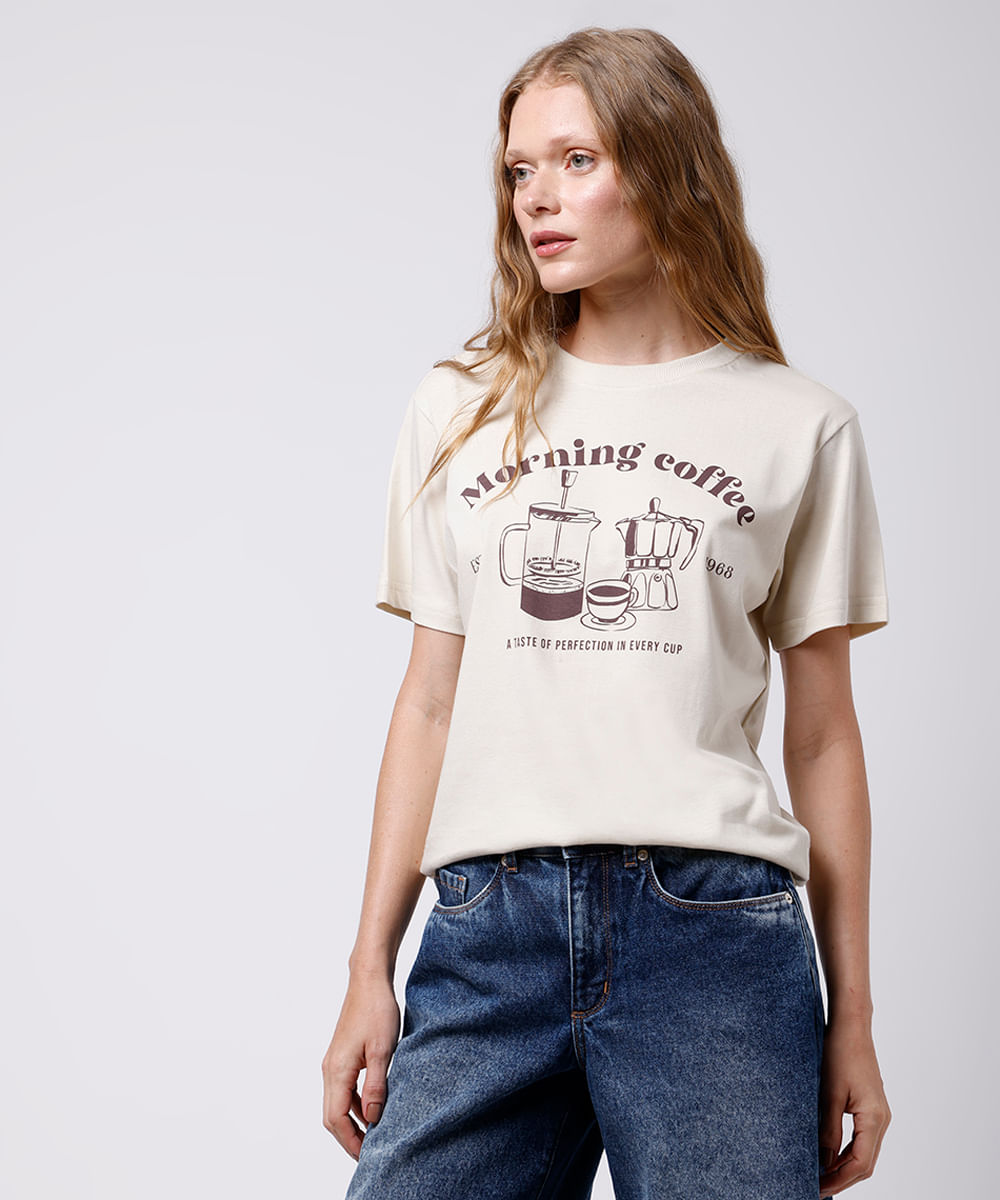 camiseta feminina de algodão morning coffee mindset bege