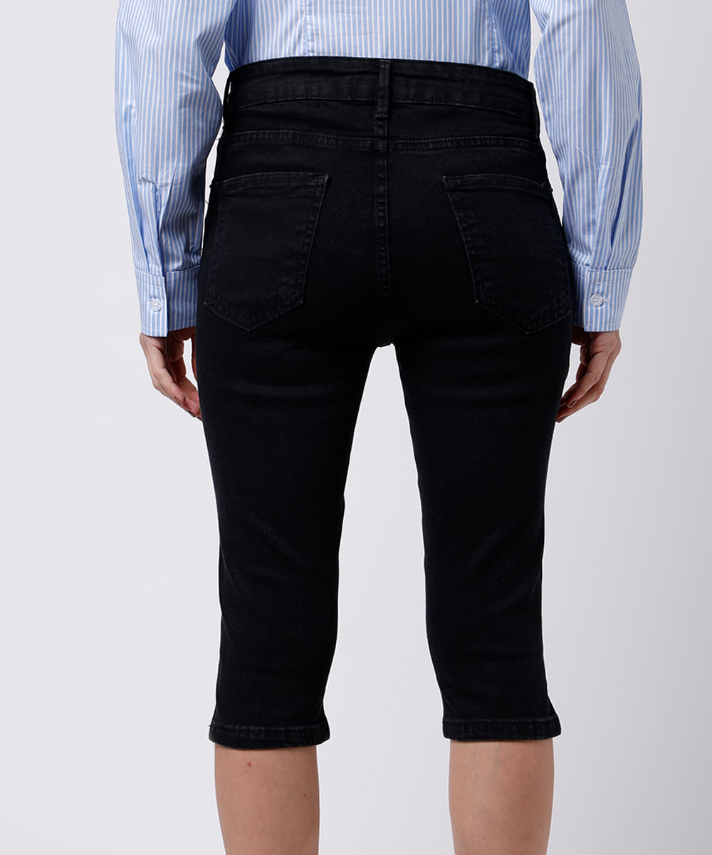 calça capri feminina jeans com fendas mindset preta