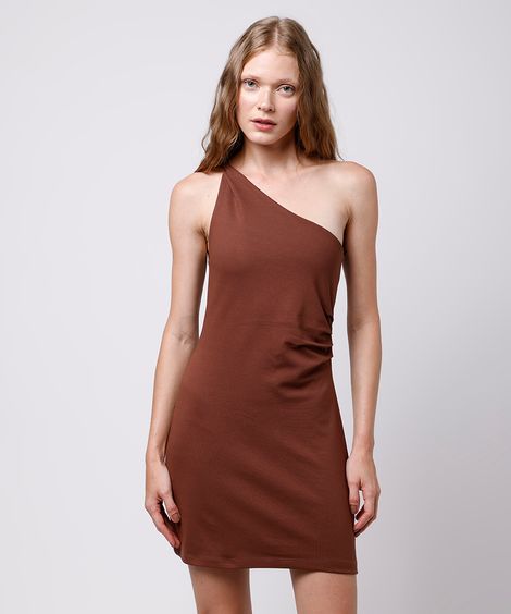 vestido curto ombro único com pregas mindset marrom