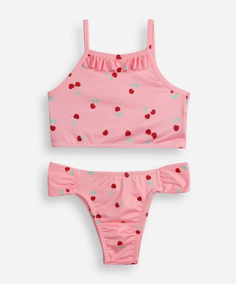 biquíni infantil frente única cerejinha rosa