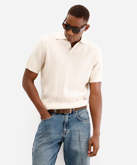 polo masculina de tricot texturizada bege