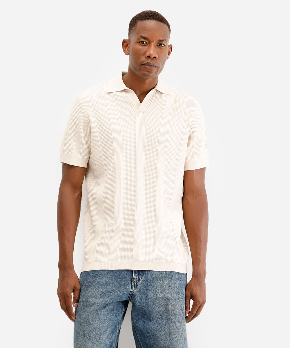 polo masculina de tricot texturizada bege