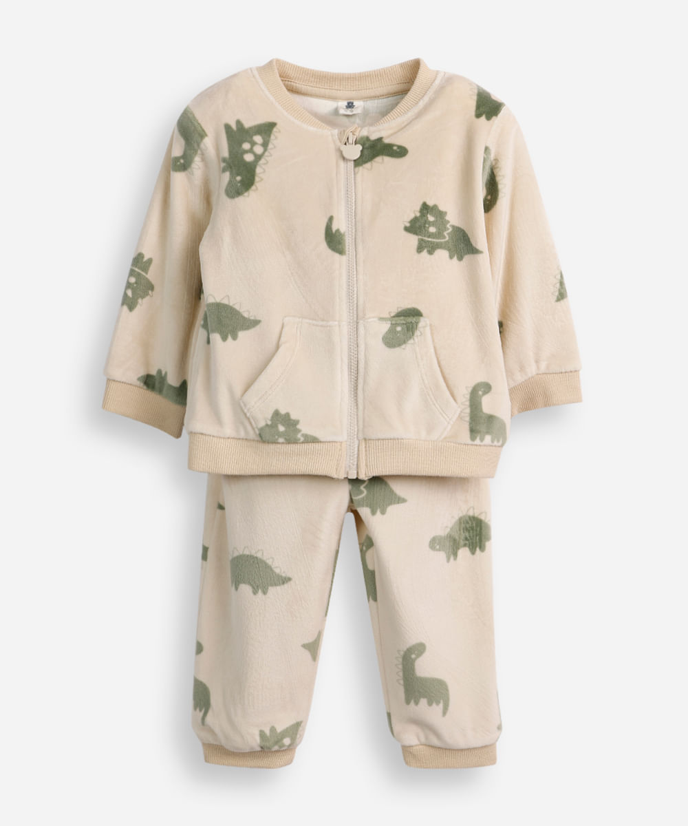 conjunto infantil longo de pelúcia dinossauro bege