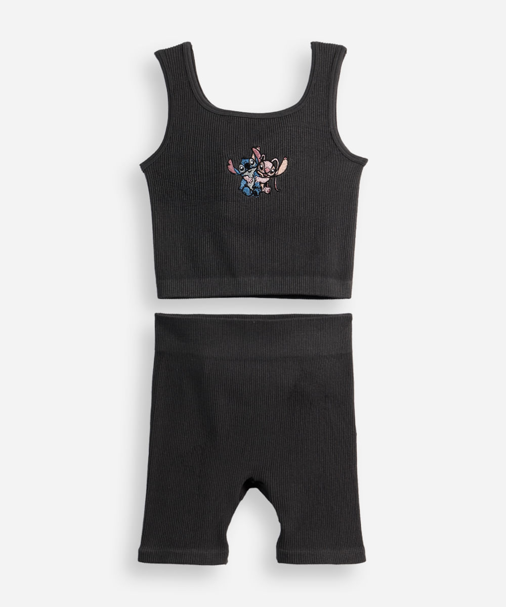 conjunto infantil curto canelado stitch e angel cinza