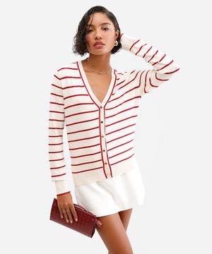 cardigan feminino de viscose listrado bege