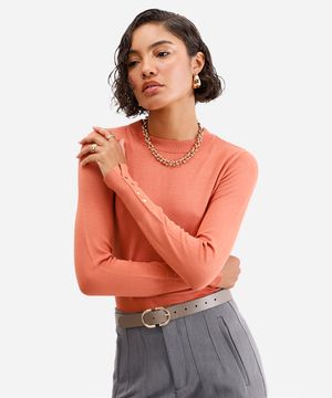 suéter feminino de tricot gola careca laranja