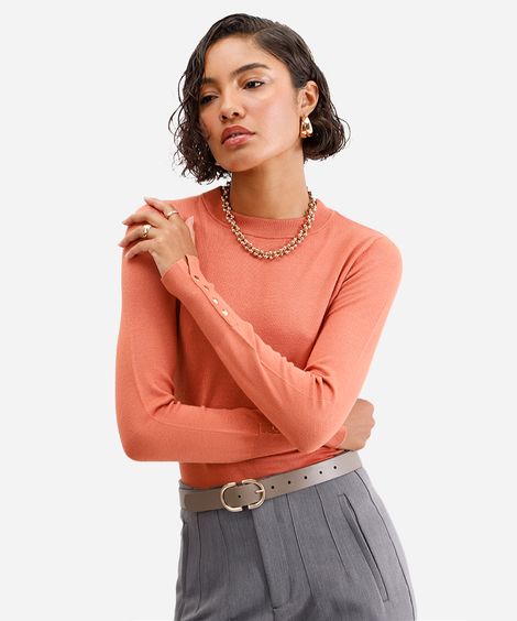 suéter feminino de tricot gola careca laranja