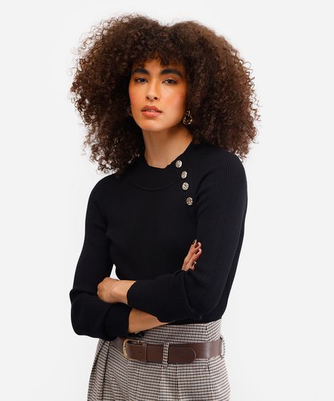 suéter feminino de tricot canelado preto