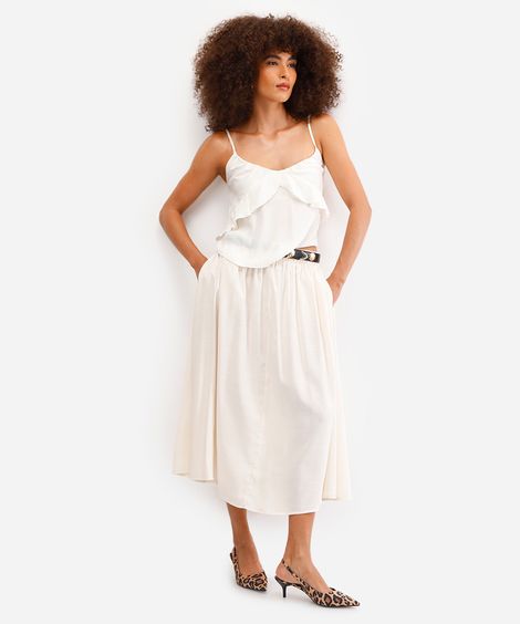 saia midi franzida com bolso bege