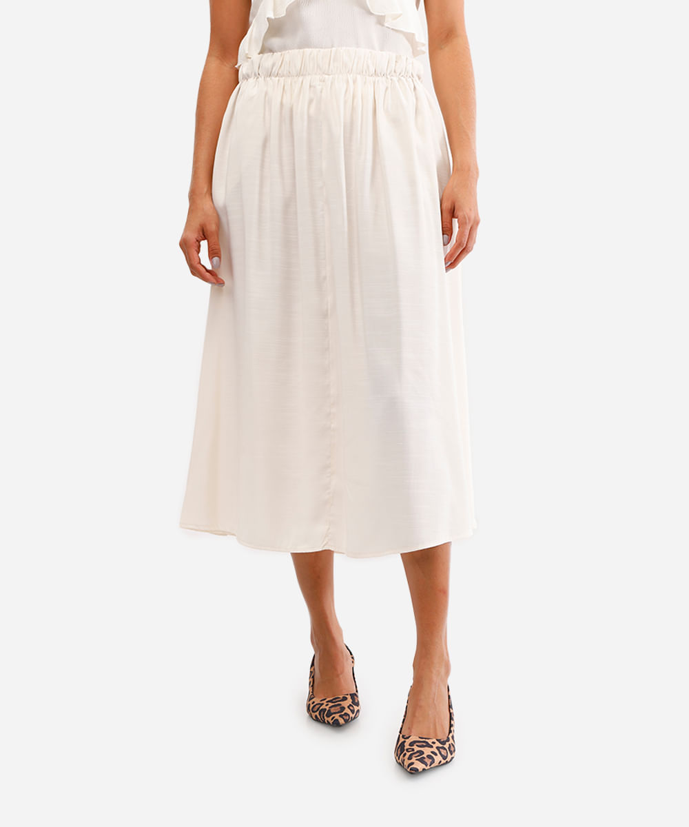 saia midi franzida com bolso bege