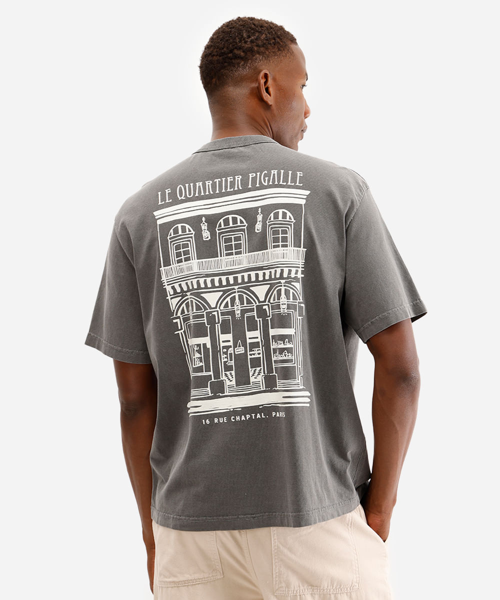 camiseta masculina de algodão estampada cinza