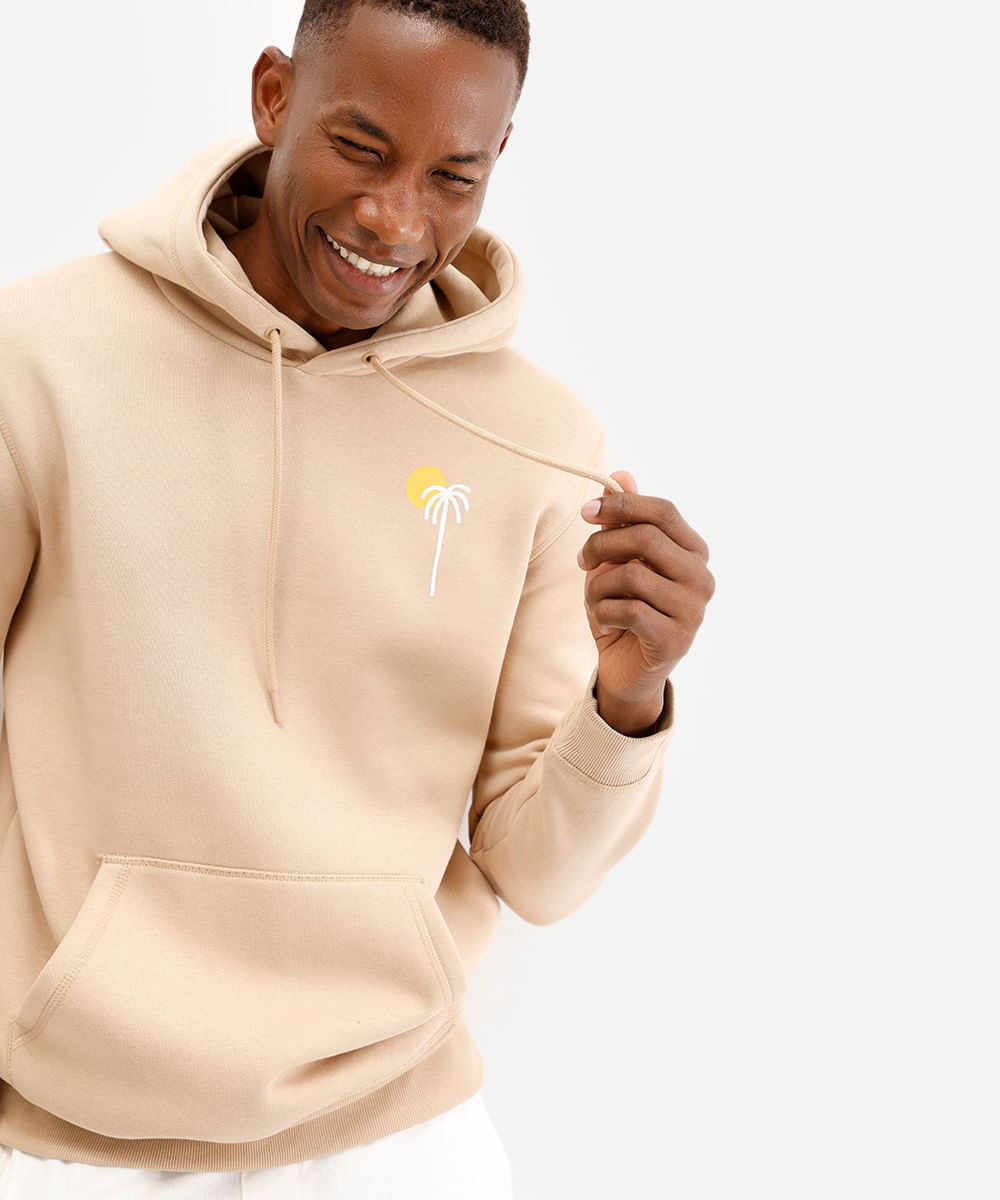 blusão masculino de moletom com capuz coqueiro bege