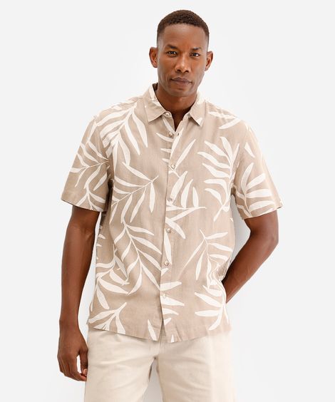 camisa masculina de linho manga curta folhagem bege