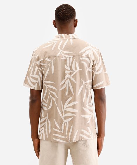 camisa masculina de linho manga curta folhagem bege