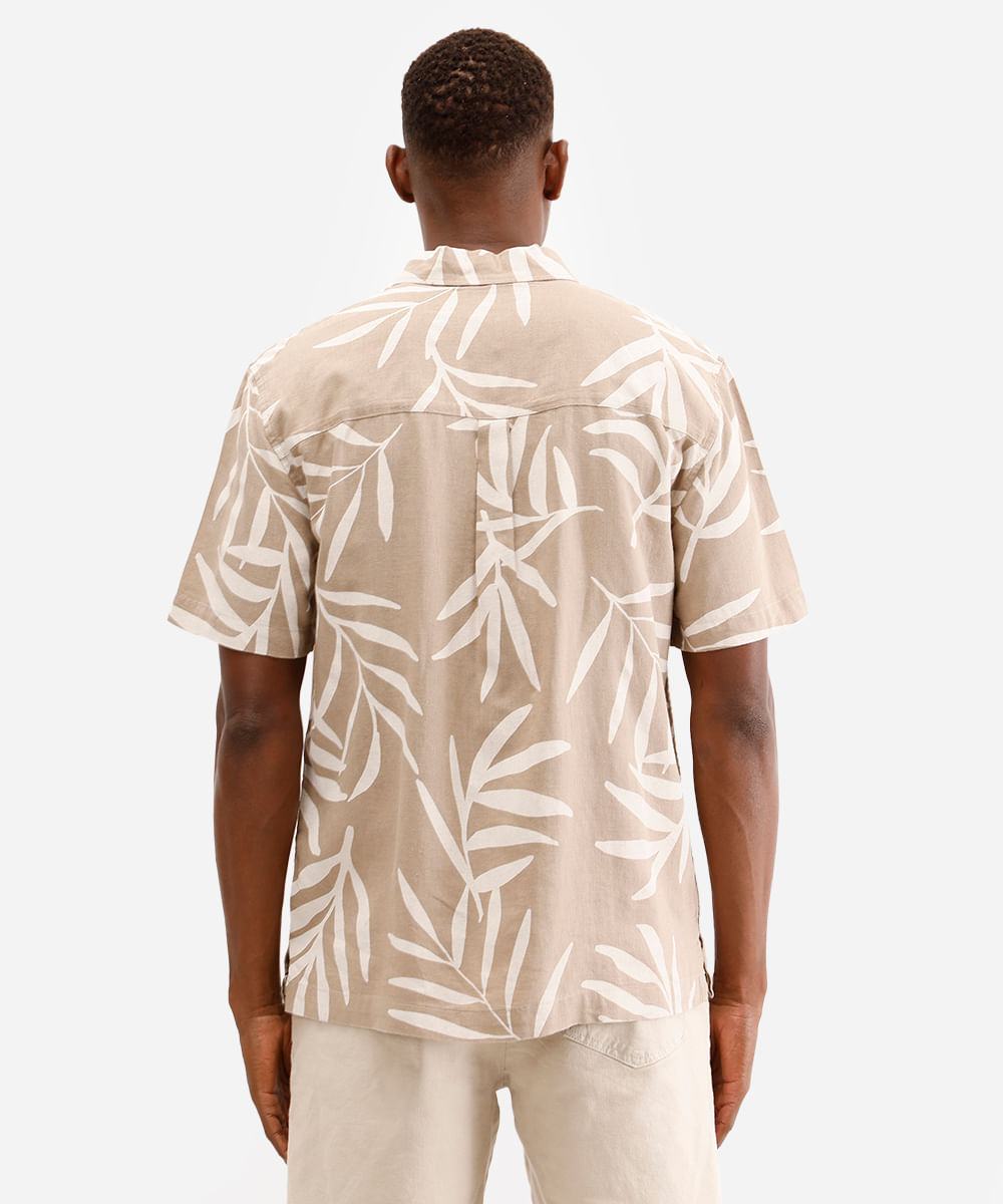 camisa masculina de linho manga curta folhagem bege
