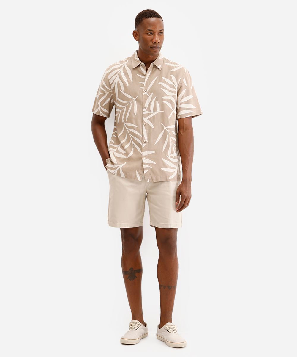 camisa masculina de linho manga curta folhagem bege