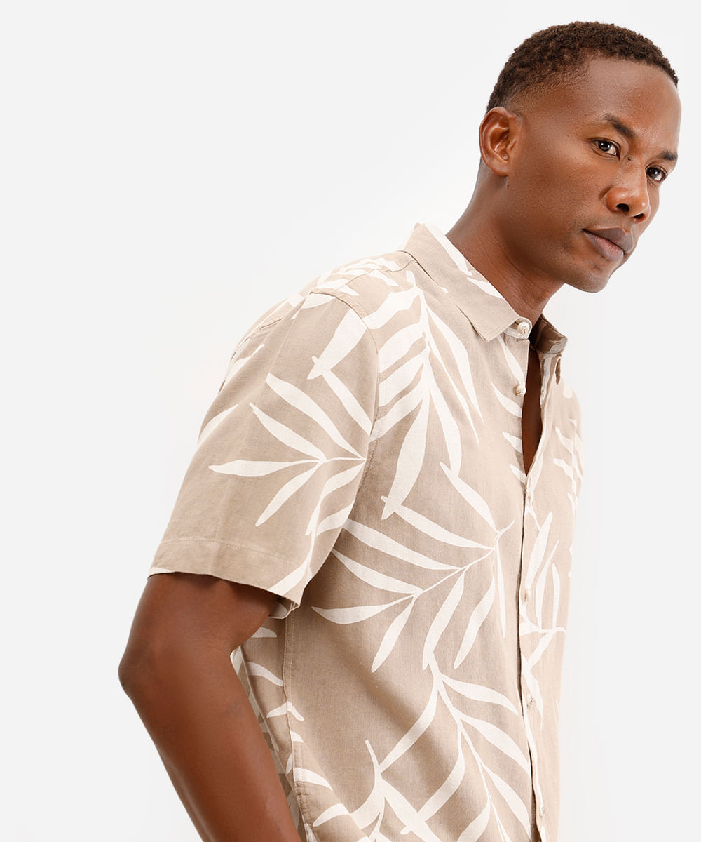 camisa masculina de linho manga curta folhagem bege
