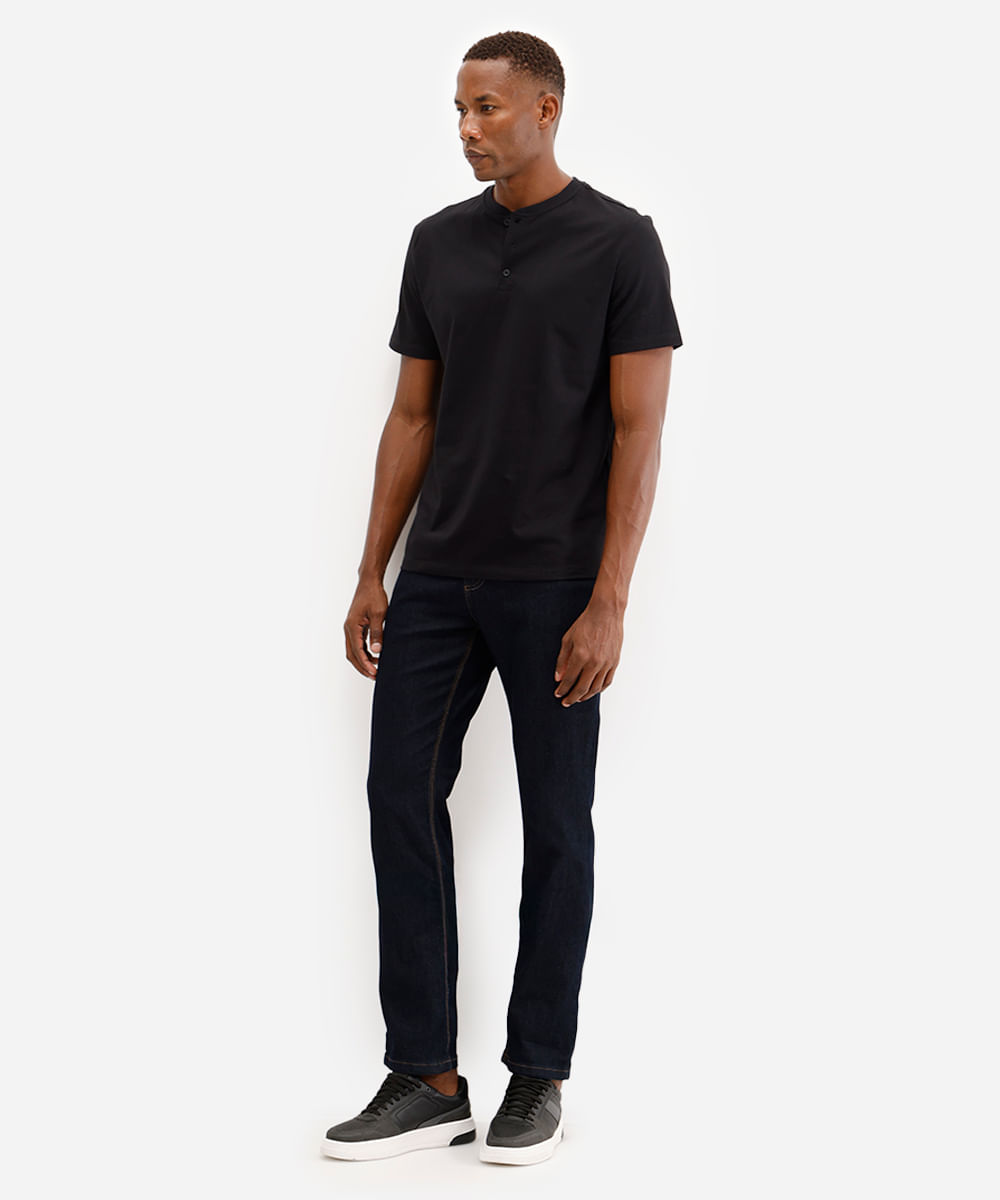 camiseta básica masculina de algodão com botão preta