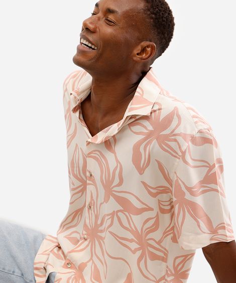 camisa masculina de viscose manga curta floral rosa