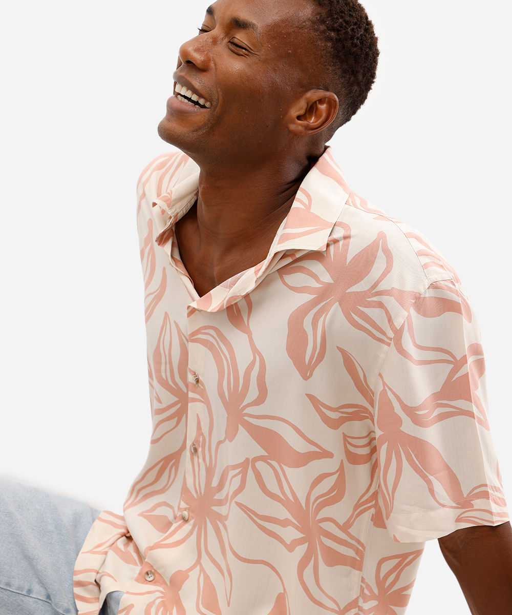 camisa masculina de viscose manga curta floral rosa