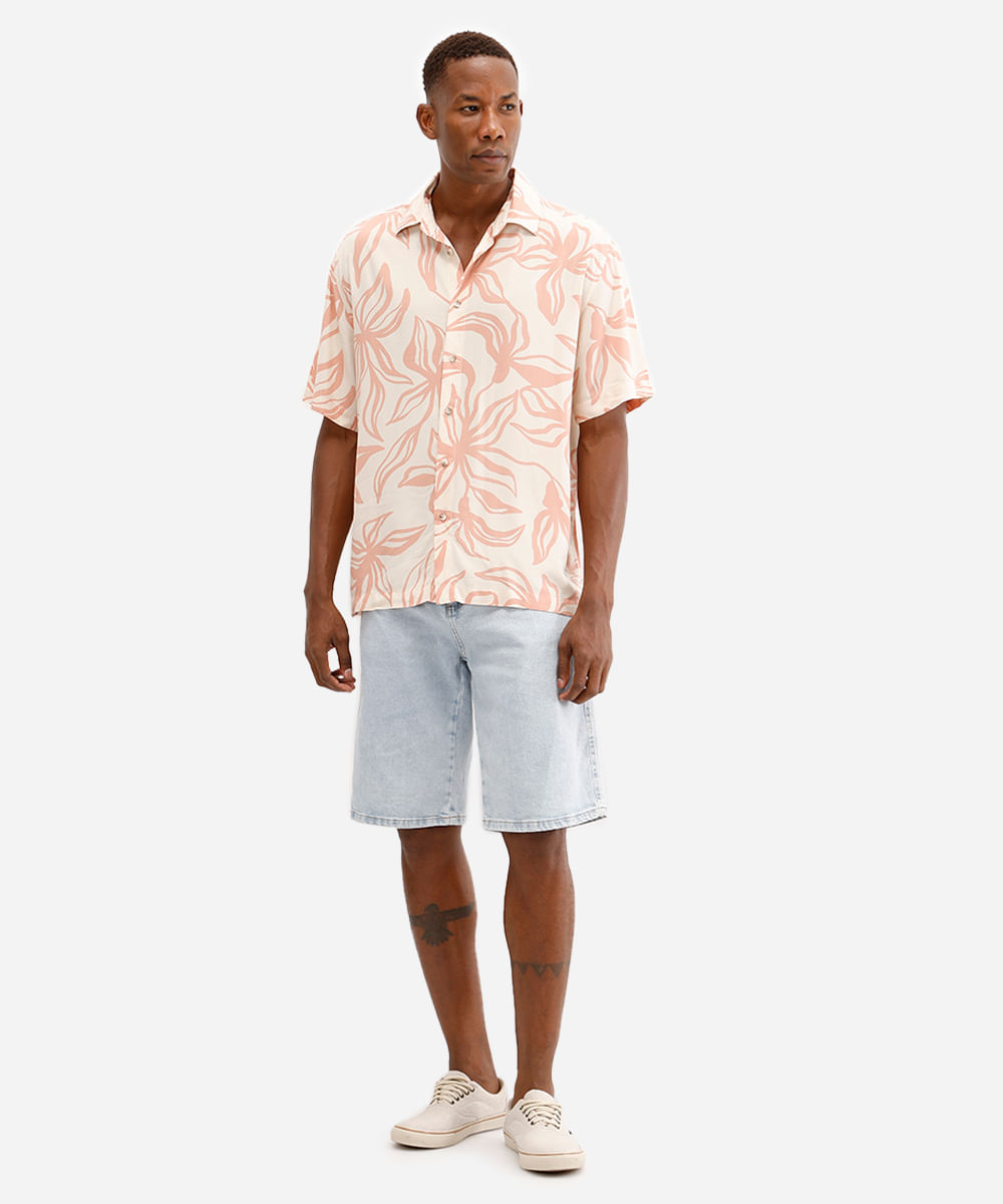 camisa masculina de viscose manga curta floral rosa