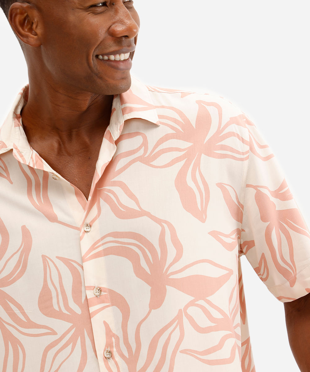 camisa masculina de viscose manga curta floral rosa