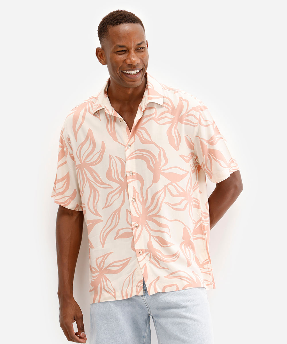 camisa masculina de viscose manga curta floral rosa