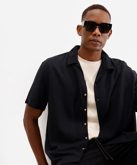 camisa masculina de linho manga curta preta
