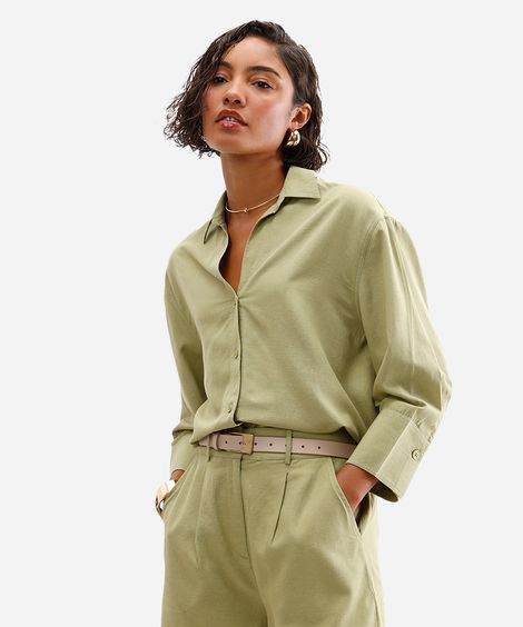 camisa de viscose com linho manga longa verde