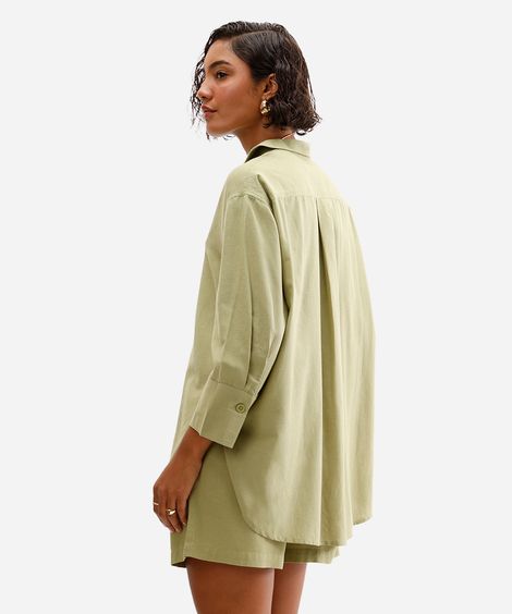 camisa de viscose com linho manga longa verde