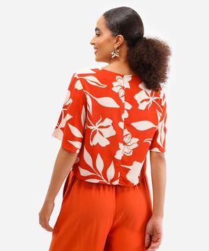 blusa feminina de viscose floral manga curta laranja