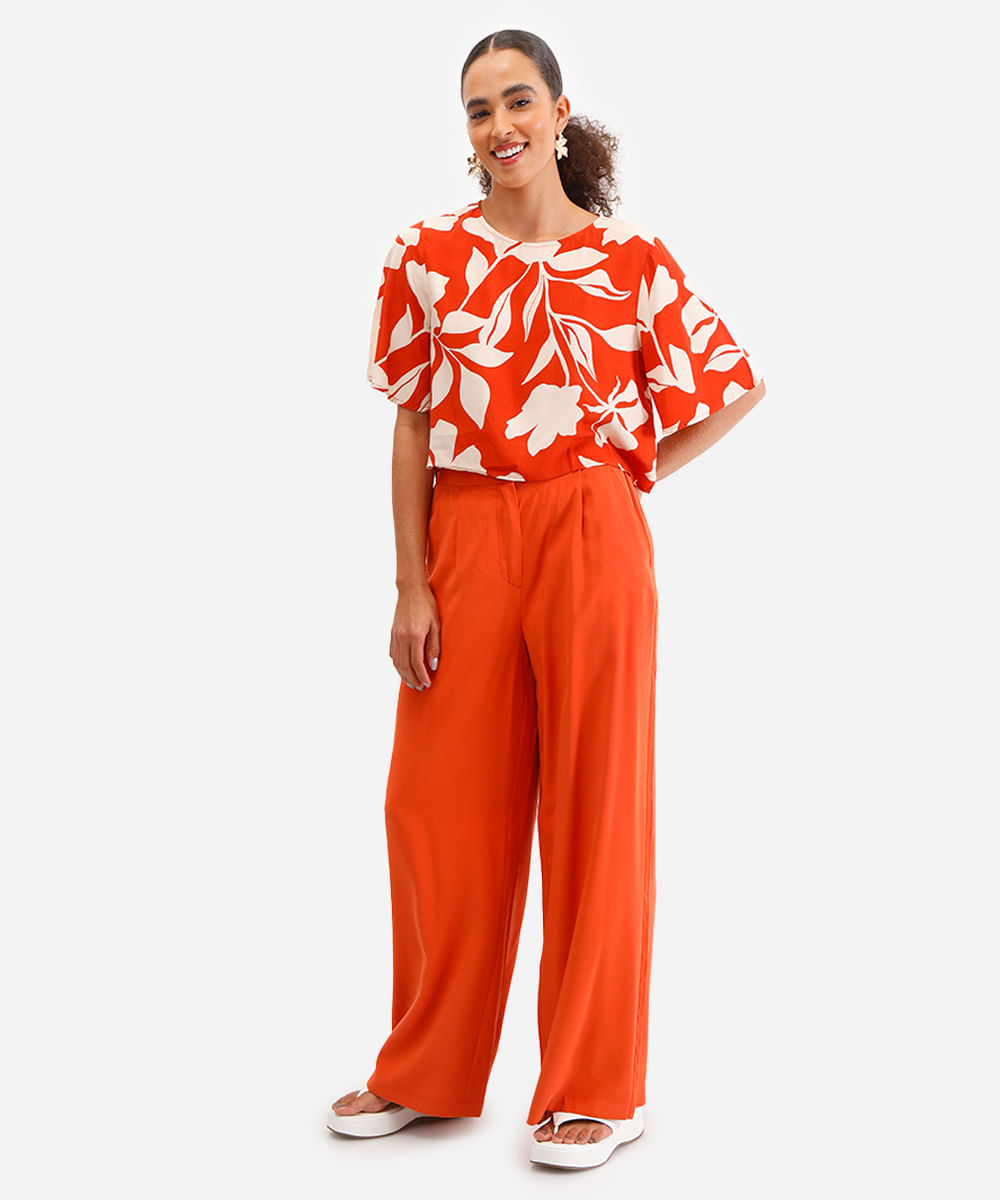 blusa feminina de viscose floral manga curta laranja