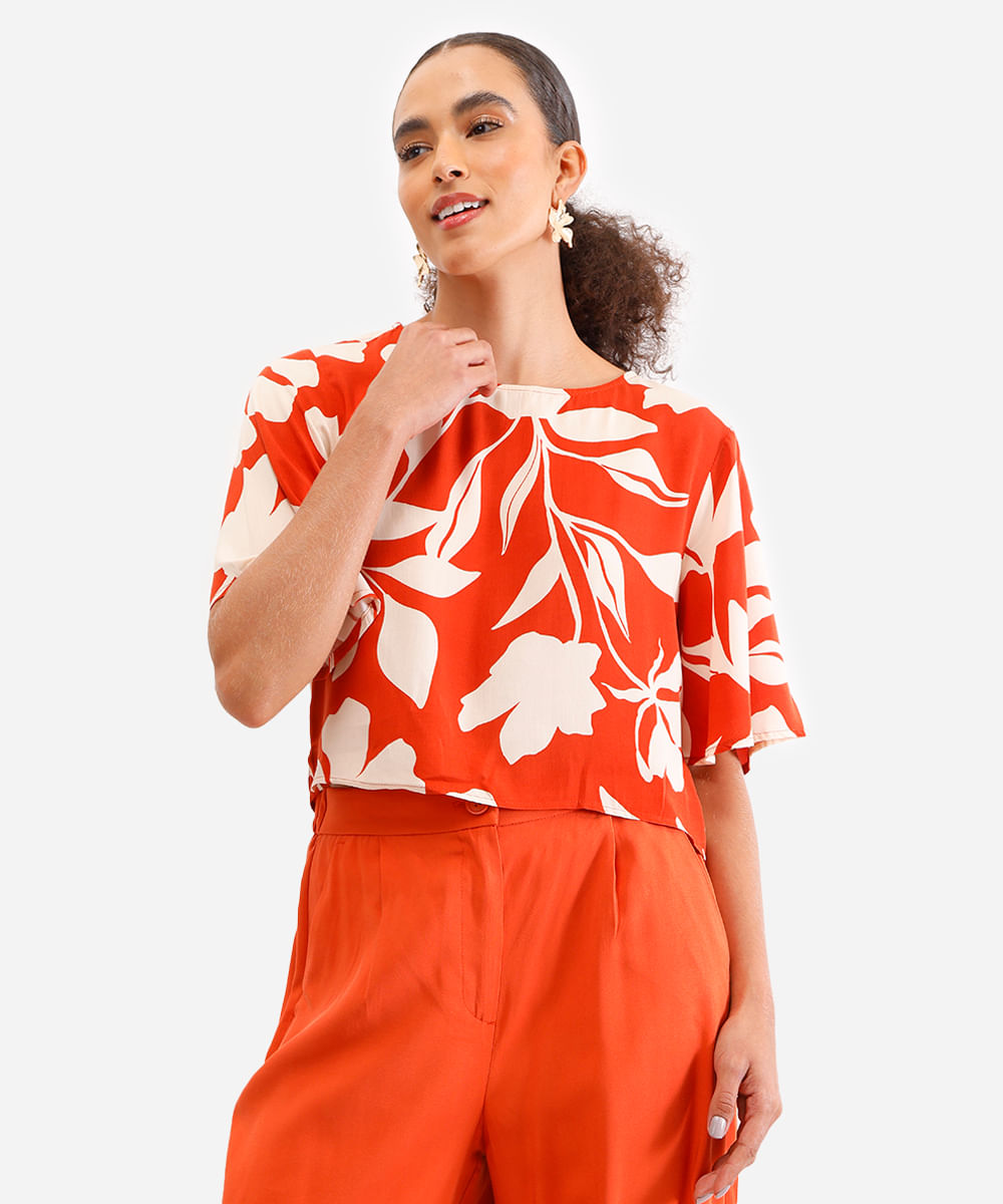 blusa feminina de viscose floral manga curta laranja