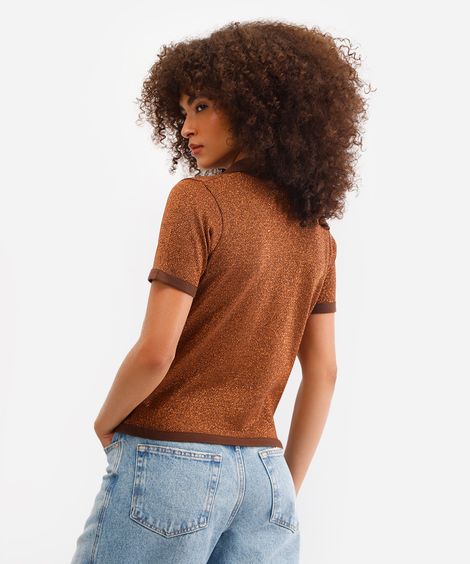 polo feminina de tricot com lurex marrom