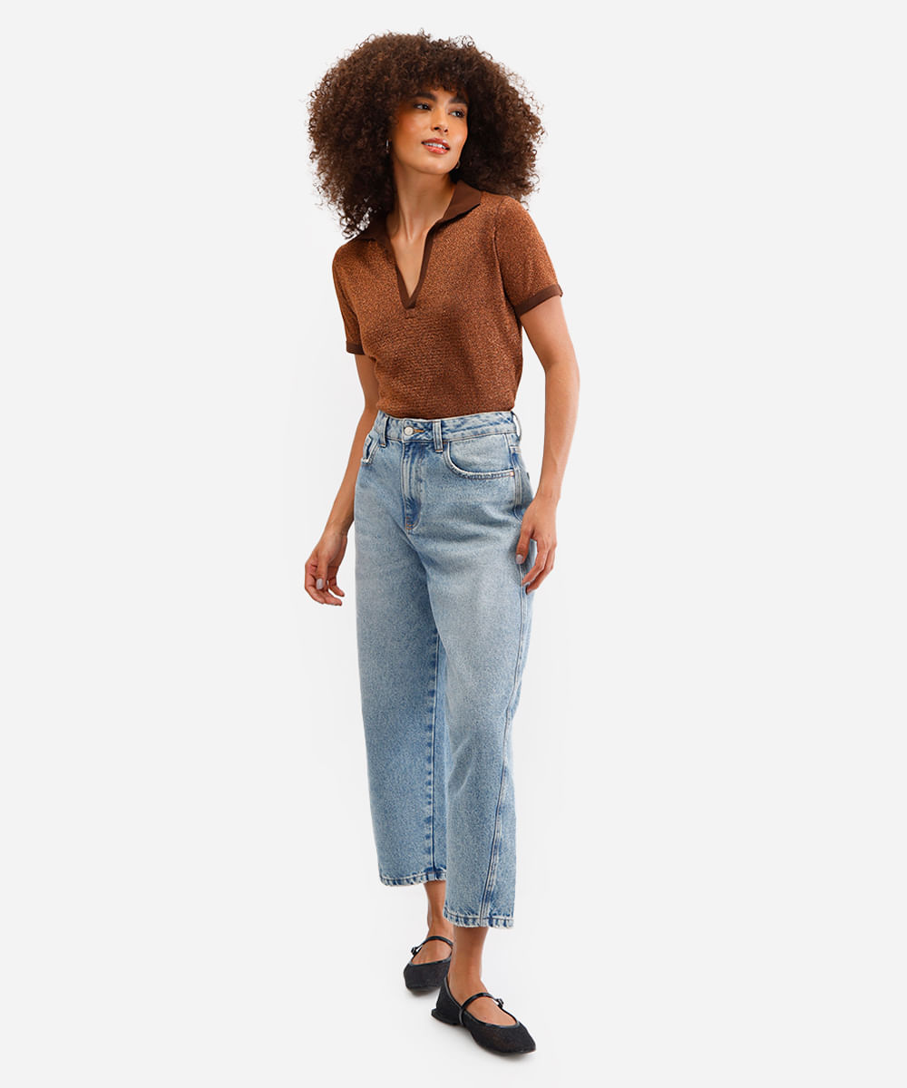 polo feminina de tricot com lurex marrom