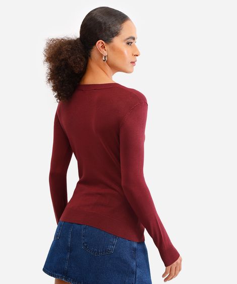 suéter básico feminino de tricot gola v vinho