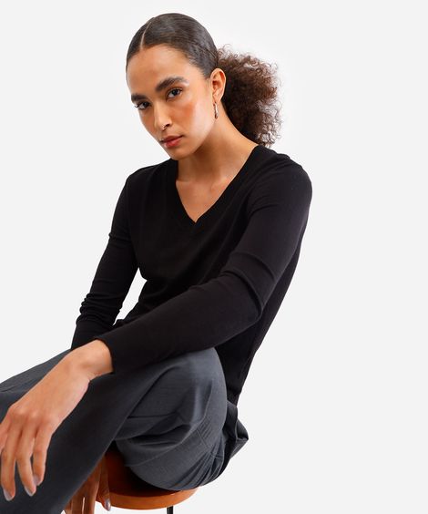 suéter básico feminino de tricot gola v preto