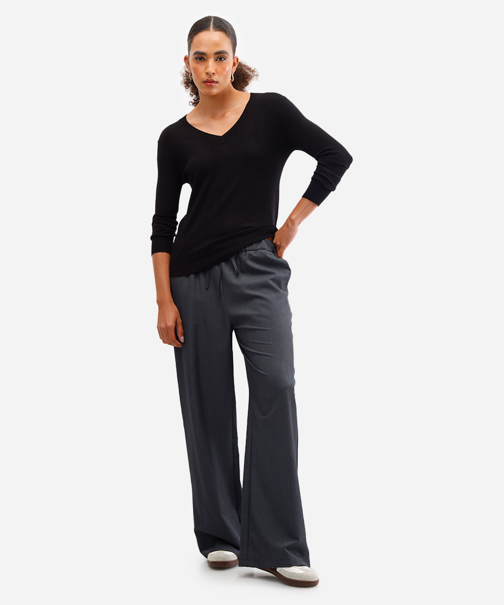 suéter básico feminino de tricot gola v preto
