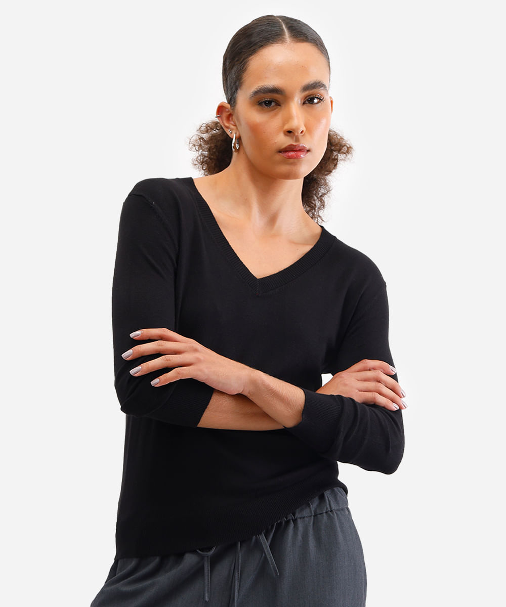 suéter básico feminino de tricot gola v preto
