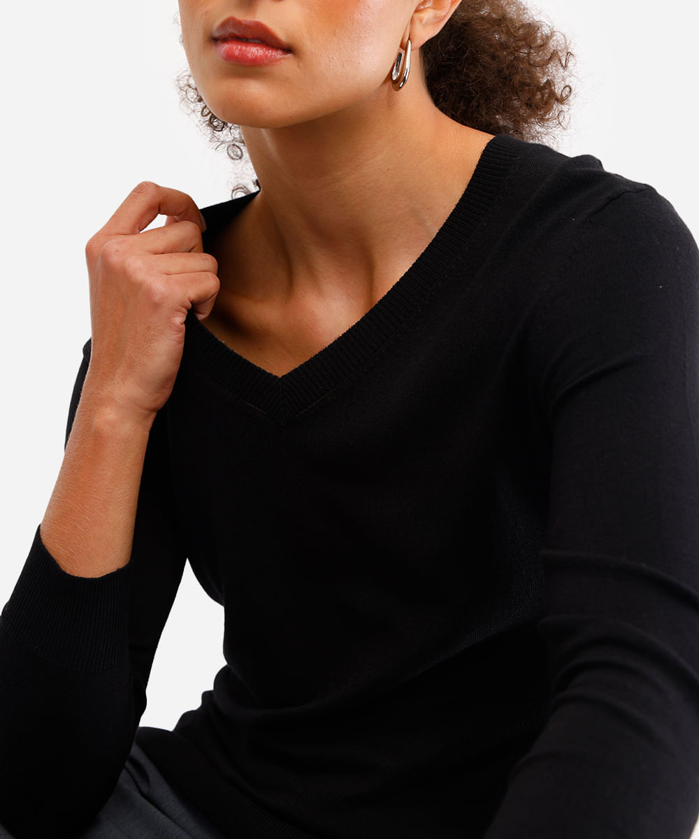 suéter básico feminino de tricot gola v preto