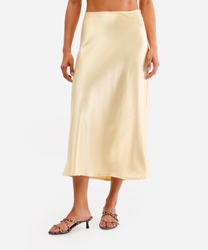 saia midi feminina evasê acetinada amarela