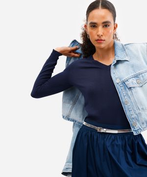 suéter básico feminino de tricot gola v azul