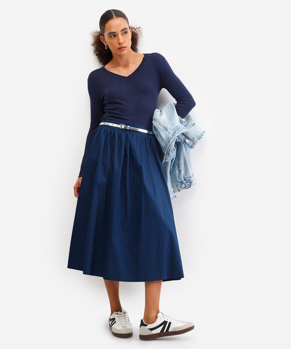 suéter básico feminino de tricot gola v azul
