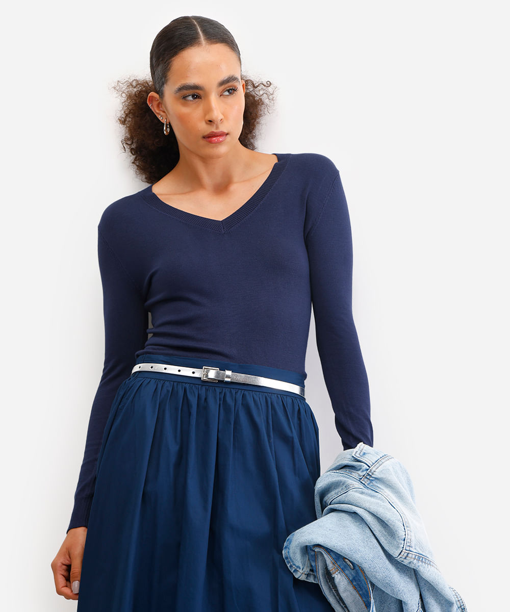 suéter básico feminino de tricot gola v azul
