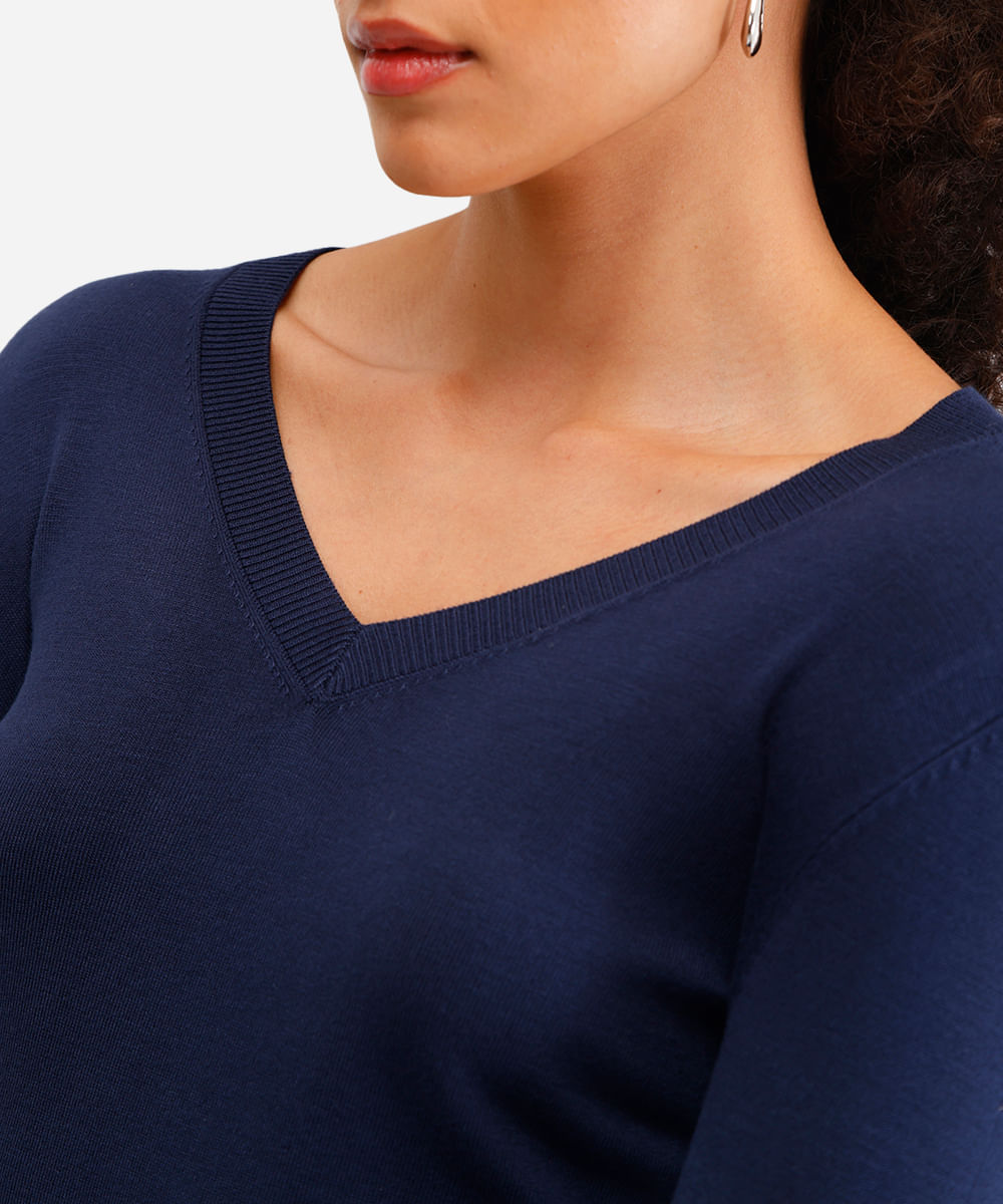 suéter básico feminino de tricot gola v azul