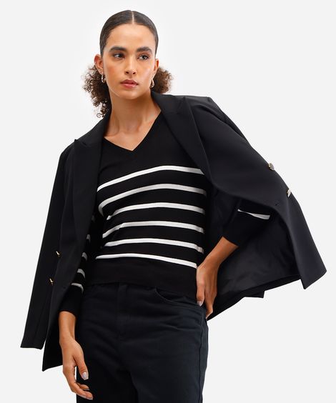 suéter básico feminino de tricot gola v listrado preto